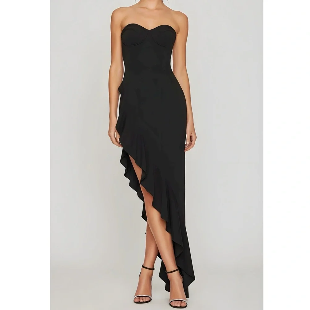 NEW KATIE MAY Esmeralda Strapless Asymmetric Ruffle Gown, Black, Medium